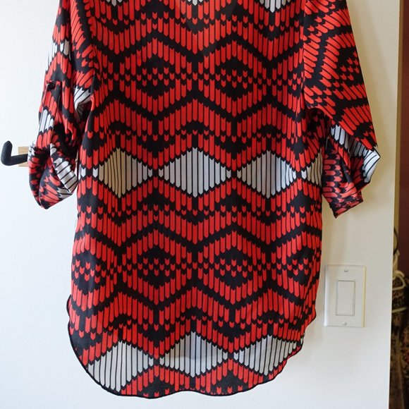 Poema geometric red grey black boho tunic top S SM Small - Picture 12 of 12